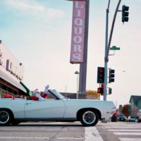 MTV Christmas Event santa waiving from 1969 Mercury Cougar Convertible during classic car parade